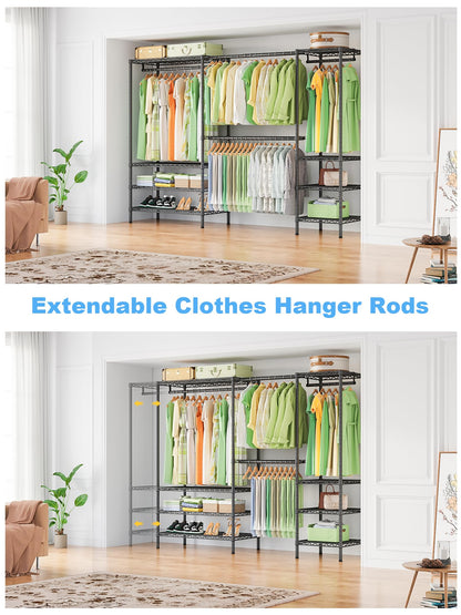 Ulif E11 Heavy-Duty Garment Rack, Metal Freestanding Clothes Rack and Closet Storage Organizer System with 8 Shelves and 4 Hanger Rods, (73.2-97.6)" W x 14.5" D x 71.2" H, Load 1034 LBS, Black
