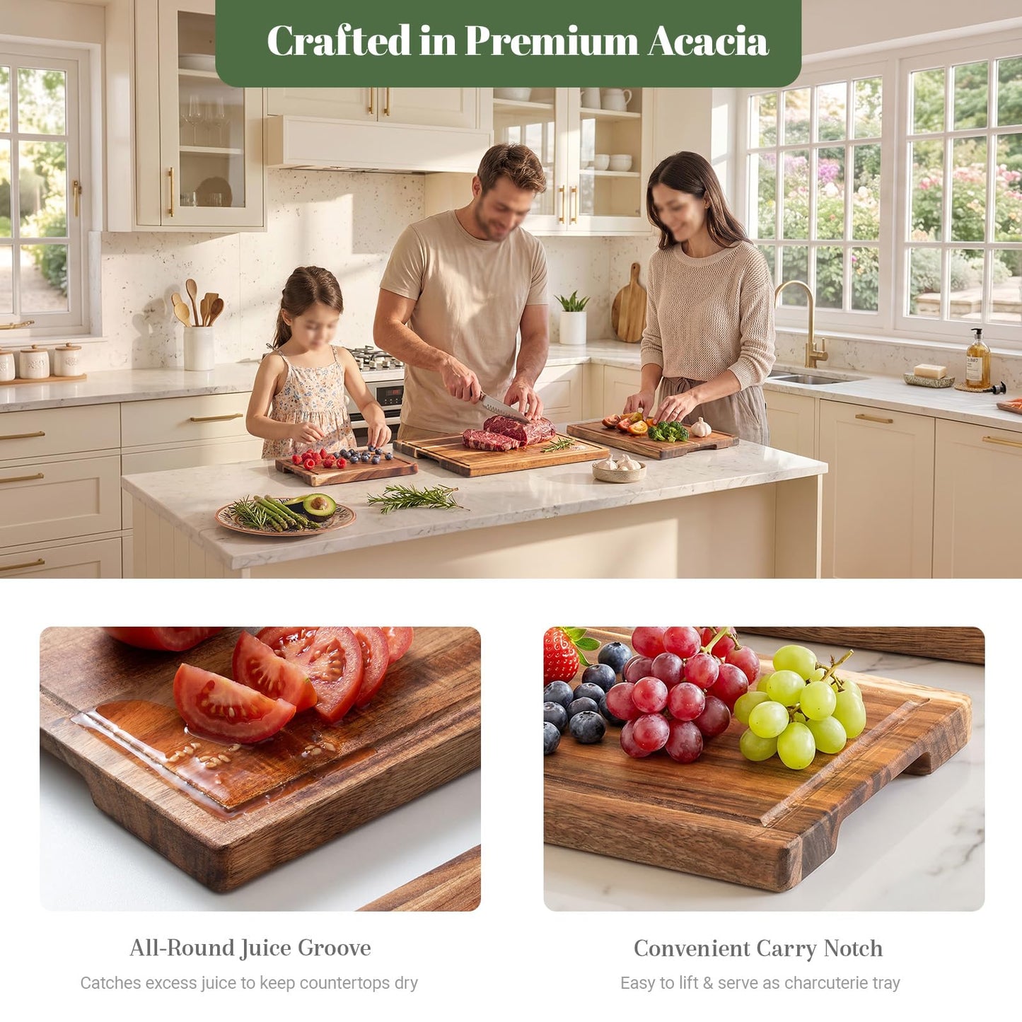 Cutting Boards for Kitchen with Wood Storage Stand Chopping Board Acacia Wood Cutting Board Juice Groove Easy-Grip Handles,Serving Tray for Charcuterie Meat Vegetables(Multi-Size Set | 3 Pack)
