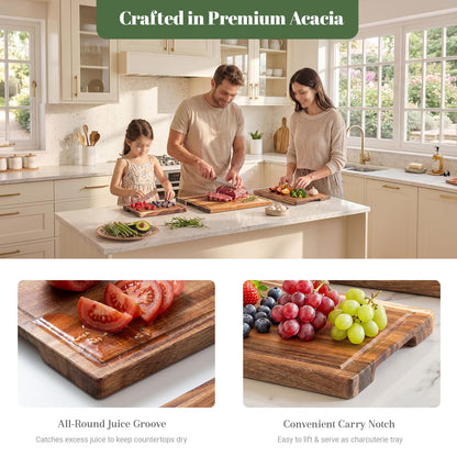 Cutting Boards for Kitchen with Wood Storage Stand Chopping Board Acacia Wood Cutting Board Juice Groove Easy-Grip Handles,Serving Tray for Charcuterie Meat Vegetables(Multi-Size Set | 3 Pack)
