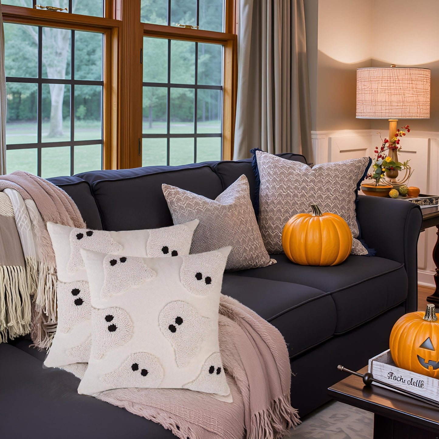 Tosleo Halloween Throw Pillow Covers 18x18 inch Set of 2 Halloween White Ghosts Embroidered Pillow Cases Thanksgiving Home Party Fall Decor Pillowcases Square Cushion Covers for Spooky Season