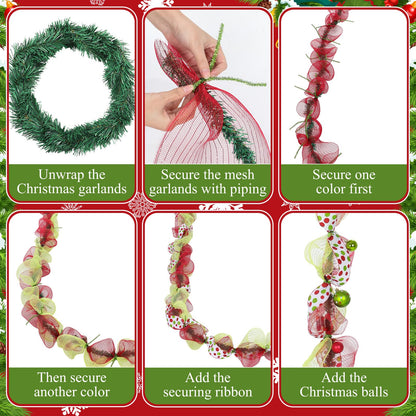 AceOrbit 28 Pcs DIY Christmas Decor Mesh Entryway Garland Decoration Metallic Mesh Ribbon Red Christmas Balls Ribbon Pine Needles Garlands Chenille Stems for Xmas Door Holiday Wreath (Stylish Style)