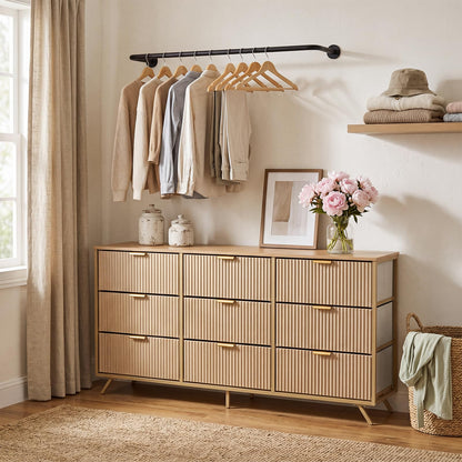 DUMOS Fabric Fluted Dresser,Chest of 9 Fabric Drawers for Bedroom, Large Dressers with Metal Frame & Wooden Top, Storage Organizer Closet for Living Room, Entryway, Oak