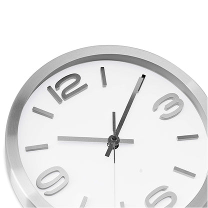 Bernhard Products Modern Wall Clock 10 Inch Silver Silent Non Ticking Battery Operated Round Elegant Metal Quality Quartz for Kitchen Home Office Clock with 3D Numbers, Easy to Read