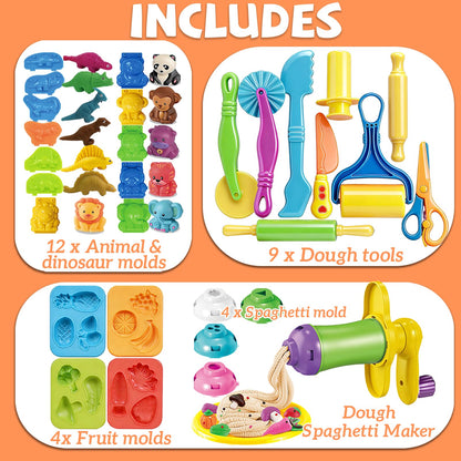 31 Pcs Dough Tools, Dough Play Tools Set + Kitchen Spaghetti Maker Machine Clay and Dough Accessories with Rolling Pins, Clay Cutters, Safety Scissors, 3D Dino & Animal & Fruit Molds