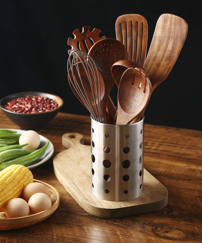 NAYAHOSE Wooden Kitchen Utensils Set with Holder, NAYAHOSE 9 Pcs Teak Wood Spoons for Cooking Spatula Set with Stainless Steel Storage Barrel
