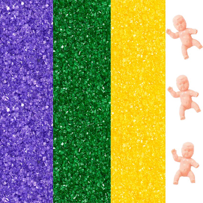 Mardi Gras King Cake Decoration Gift Box Kit Yellow Green Purple Sanding Sugars with King Baby - White