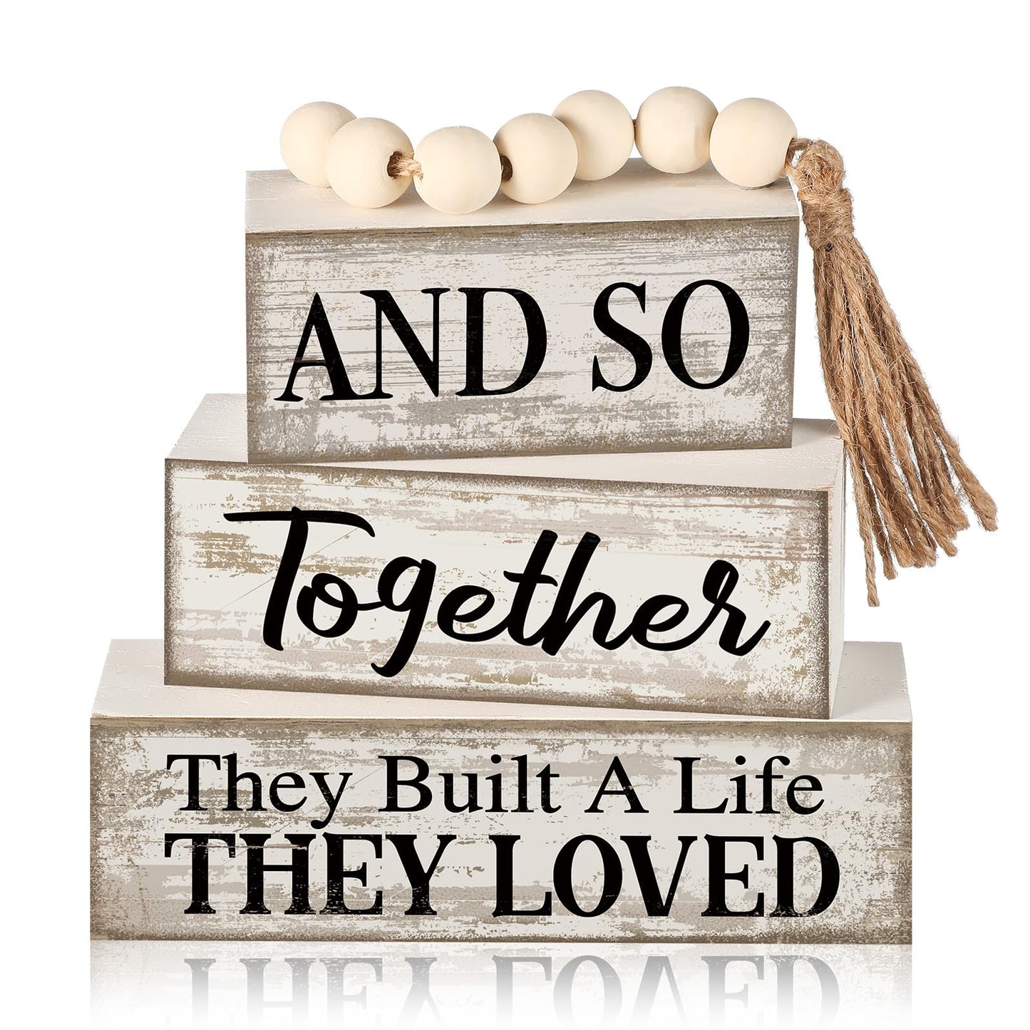 4 Pcs Farmhouse Home Decoration Wooden Tabletop and So Together They Built a Life They Loved Decor Motivational Tiered Tray Decor Rustic Block Sign Retro Bead Garland Table Centerpiece for Shelf Desk