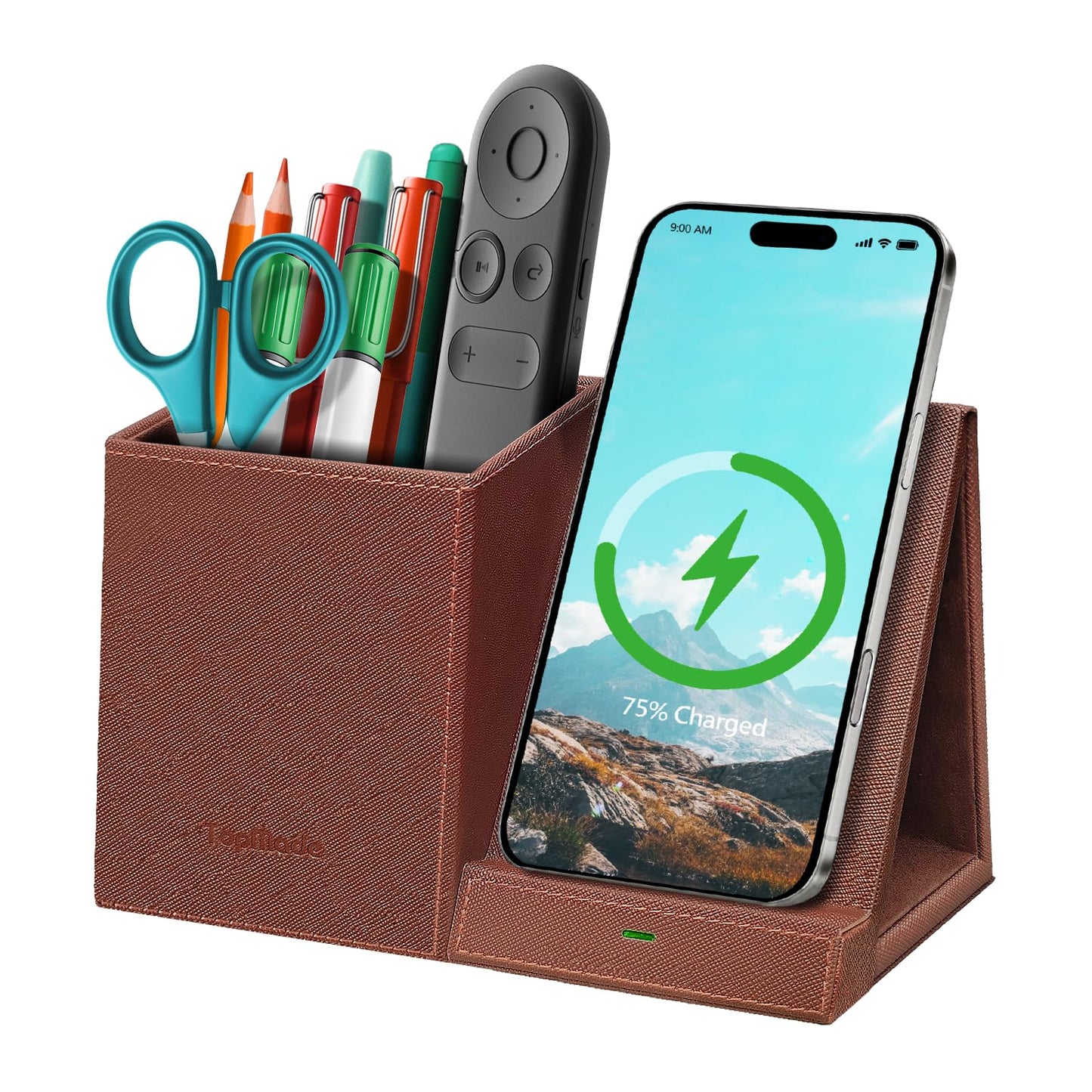 TopMade Wireless Charger with Pen Holder, Multi-functional Desktop Organizer and Storage, Home Office Supplies Desk Accessories, Pencil/Remote Holder with Fast Charging Phone Stand (Brown)