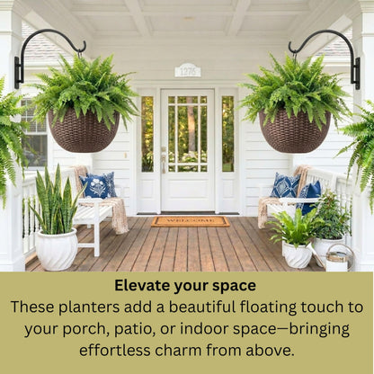 LaLaGreen Bundle- 4 Pack, 11 Inch Brown + 2 Pack, 11 Inch White Self Watering Hanging Plant Pots Round Plastic Flower Baskets with Metal Chain Rattan Style Deck Balcony Decor Porch Patio Indoor Garden