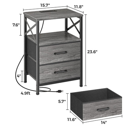 Huuger Nightstands Set of 2, Night Stand with Charger Station, 2 Drawer Side Table with Open Shelf, USB-C Port, End Table for Small Spaces, X Shaped Side Rail, Grey