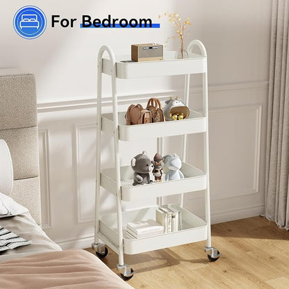 OLIXIS Metal 4 Tiers Utility Rolling Cart, Mobile Storage Shelf with Lockable Caster Wheels, Organization for Livingroom, Bathroom & Narrow Places, 4-Tier White