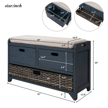 Brisca Wood Storage Bench with 1 Removable Basket and 2 Drawers,Fully Assembled Shoe Stool,W/Removable Cushion,for Hallway,Entryway,Bedroom,Living Room,Navy