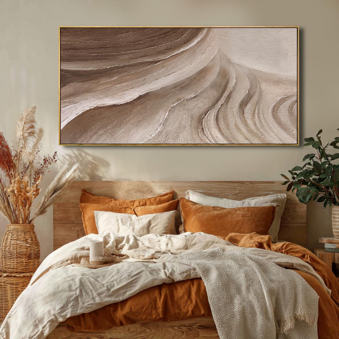 MLART99 Abstract Canvas Wall Art Earth Tone Flowing Texture Design Modern Wall Decor Brown Beige Landscape Artwork Wood Frame Home Decor for Living Room Bedroom Office 24x48 Inch