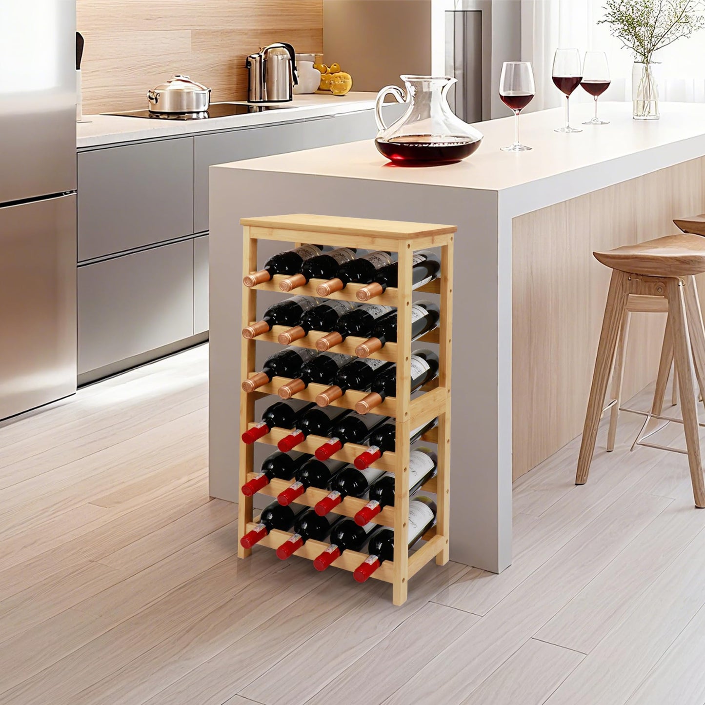 Thalomely Wine Rack Free Standing Floor, 6-Tier 24 Bottles Display Wine Storage Shelves with Table Top, Easy-Assembly Freestanding Bamboo Wine Racks for Kitchen Dining Room Bar, Natural