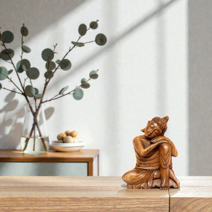 G6 Collection 8" Wooden Serene Sleeping Buddha Statue Hand Carved Sculpture Handmade Figurine Decorative Home Decor Accent Handcrafted Art Traditional Modern Decoration (Small)
