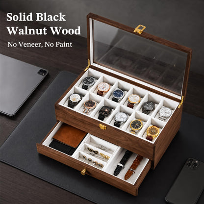 Black Walnut Watch Box for Men, 12 Slot Wooden Watch Organizer with Glass Lid, 2 Layer Watch Display Case with Drawer Jewelry Storage Box, Gift for Husband, Dad, Anniversary, Father’s Day, Women