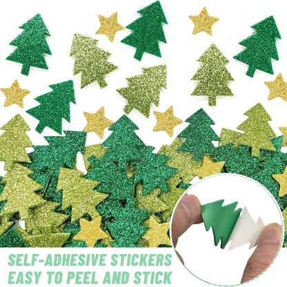500 Pieces Christmas Glitter Foam Stickers - Self Adhesive Tree and Stars Shapes for Kids and Crafts
