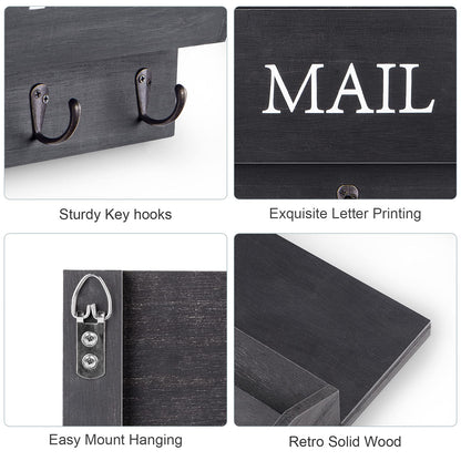 DLQuarts Mail Organizer with Key Holder for Wall, Mail Sorter Wall Mounted, Decorative Wooden Key and Mail Holder with 3 Hooks, Black