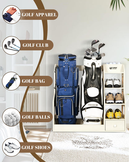 Logicexplore Premium Wooden Golf Bag Organizer Rack, Golf Bag Storage Rack with Drawer, MDF Wooden Golf Organizer for 2 Golf Bags, Heavy Duty Golf Equipment Storage Rack for Home, Garage, Golf Club