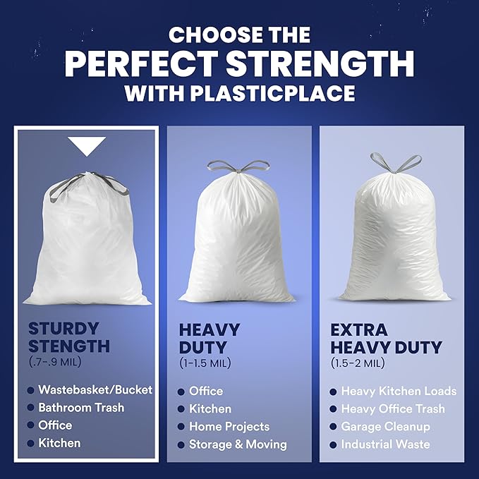 Plasticplace 8 Gallon Trash Bags -White Drawstring Garbage Can Liners
