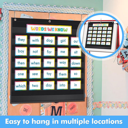 AUVCAS Standard Pocket Chart Clear 7 for Classroom & Home Heavy Duty Hanging Pocket Chart for Word Wall/Letter Cards/Sentence Strips 28Wx28L,Black