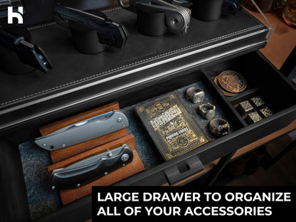 Premium Pocket Knife Display Case for 10 Knives - Wooden Knife Organizer, Storage & Holder with Unique Pillars, Hinged Cover, Drawer - Knife Collection Box - Handcrafted Father's Day Present for Men
