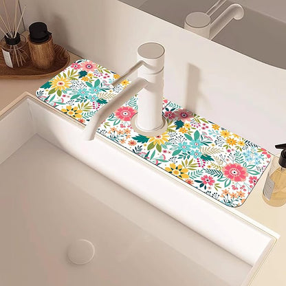 Colorful Floral Leaves Berries Kitchen Sink Splash Guard Mat Absorbent Fast