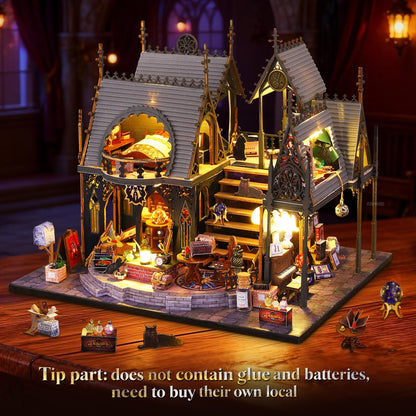 FLYINTOYS DIY Miniature House Kit with LED Light, Mini House Building Kit with Furniture, 3D Wooden Puzzles Dollhouse Bookshelf Insert Decor Kit for Family and Friends (Luna's Magic House)