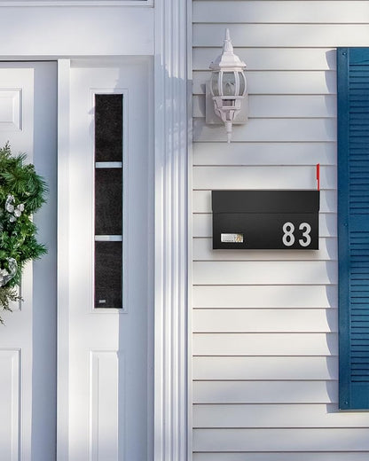 Modern Mailboxes for Outside, Metal Wall Mount Mailbox, with One Flag Kit and Three Sets of Mailbox Number Stickers, 3.9" D×13" W×7.1" H, Rust Resistant Coating Mail Boxes for House, Black AMB06B