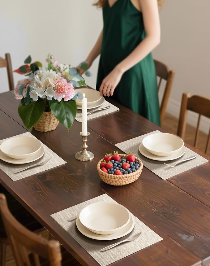 Leetaltree Beige Placemats Set of 6 - Heat-Resistant, Non-Slip Table Mats, Washable Woven Vinyl for Indoor & Outdoor Dining