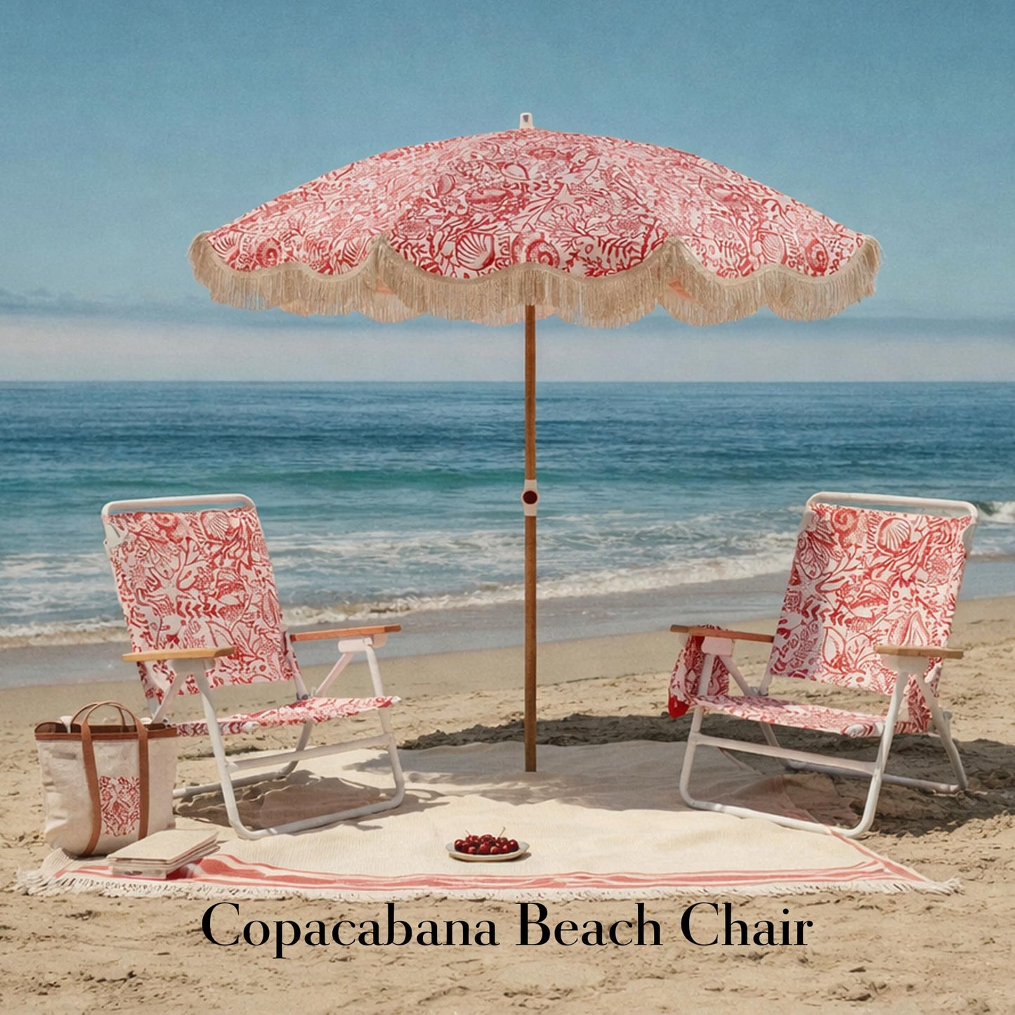 DEER LAND 5-Position Low Beach Chair, Portable Lightweight Folding Beach Chair with Wooden Armrests, Storage Pouch & Carry Strap, Coastal Beach Print – Reef Crimson