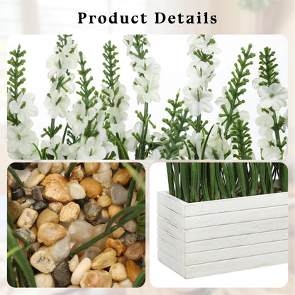 14 Inch Artificial Lavender Flower Arrangement in Rustic Rectangular Wood Planter Box White Fake Lavender Flower Faux Potted Lavender Plants for Table Centerpiece Windowsill Shelf Home Decor Indoor