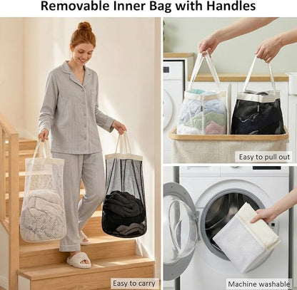 efluky Laundry Hamper with Lid, Double Laundry Basket with 2 Removable Bags, 2 Section Laundry Bin with Bamboo Handles for Bathroom, Bedroom & Laundry Room, 115L (30.4 Gallon) Beige