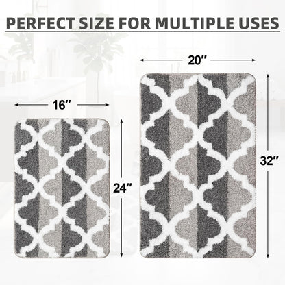 Arttown Dark and Light Grey Trellis Bathroom Rug Set 2 Piece Fluffy Microfiber Non-Slip Water Absorbent Bath Mat Soft Washable for Tub Showers Laundry Room Decor (16"x24"+20"x32")
