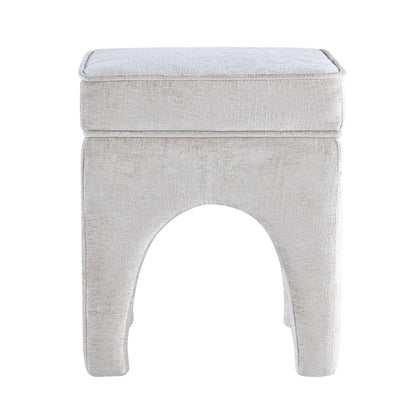 Get Set Style Upholstered Textured Woven Accent Stool, Arched Solid Wood Leg Ottoman Foot Rest, Square Decorative Bench for Living Room Entryway Bedroom (Ivory)