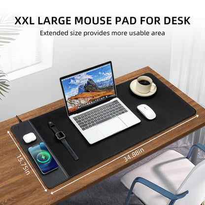 VOVIPO 3 in 1 Wireless Charging Mouse Pad, Gaming Mousepad with Wireless Charger Multiple Devices Compitable with Watch/iPhone/Airpods, Large Desk Mat 90 x 40cm,Desk Pad for MacBook, PC, Laptop-Black