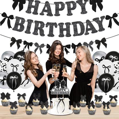 Black Bow Birthday Party Decorations Set - Cute Backdrop Banner, Hanging Banners, Balloons, Cake & Cupcake Toppers, Princess Theme Party Supplies Kit for Girls, Kids, Baby Shower