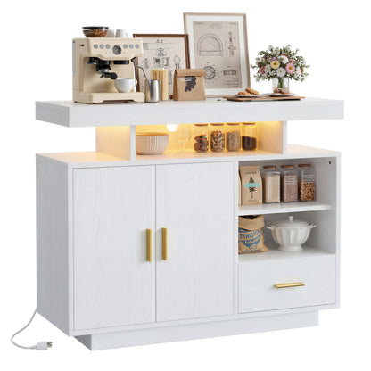 IRONCK Buffet Cabinet, Sideboard Cabinet with Power Outlet and LED Light, Modern Storage Cabinet with Drawer, Coffee Bar Cabinet with Doors and Shelves for Kitchen, White