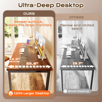 Huuger 55 x 24 inch Desk with Power Outlets & USB-C, Deeper & Thicker Desktop, Robust Metal Tubes, Computer Desk, Heavy Duty Office Desk, Work Gaming Desk for Home Office, Rustic Brown