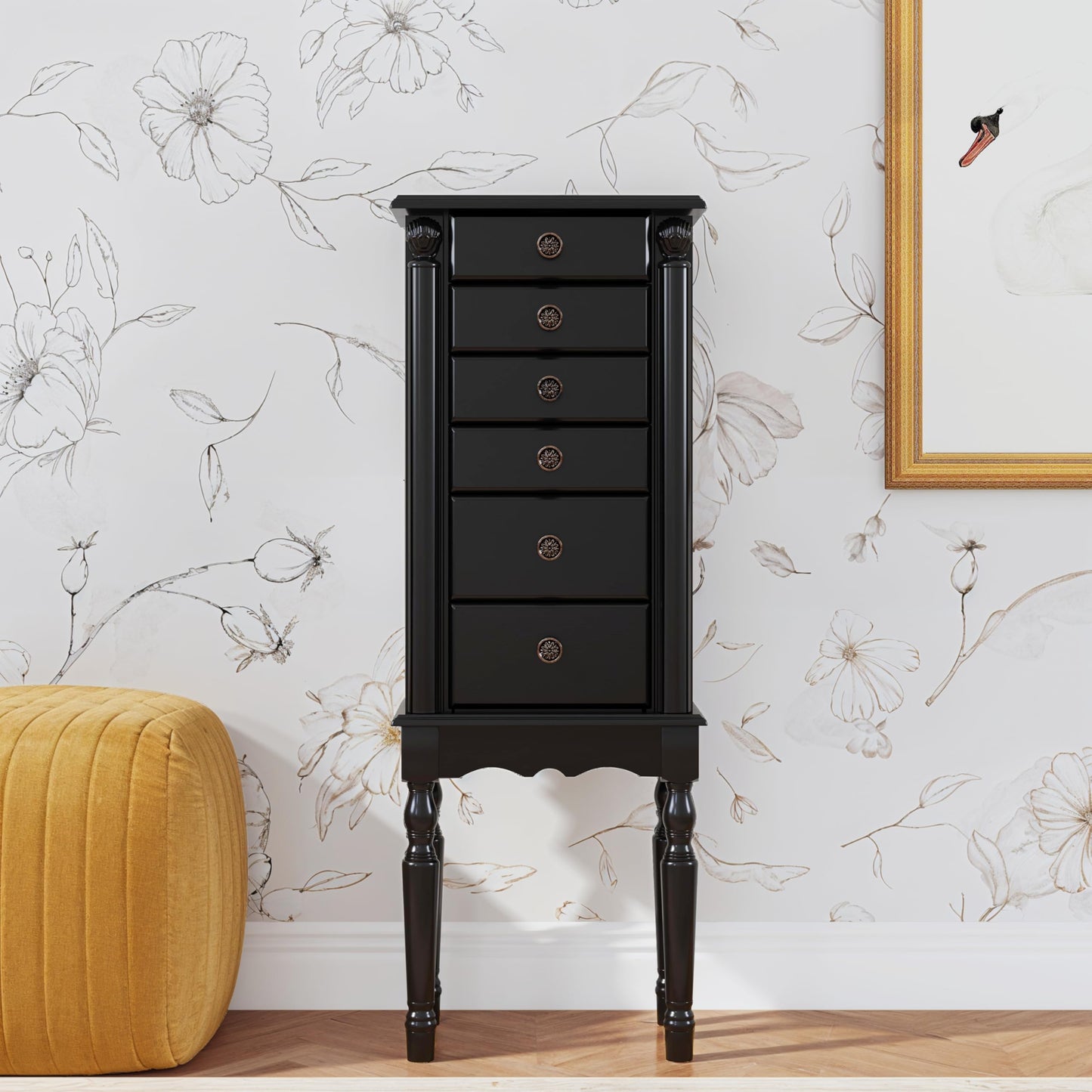 Powell Ebony Jewelry Armoire, Distressed Ebony Black; Black Lining