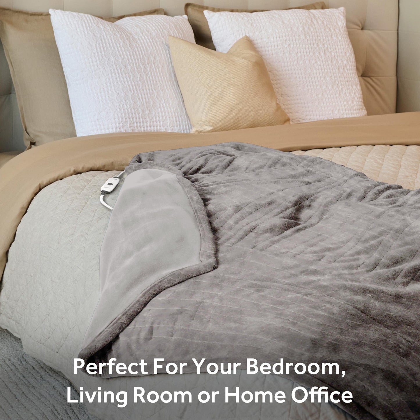 Sunbeam Electric Throw Royal Faux Fur Heated Blanket, 4 Heat Settings, 4-Hour Auto Shut-Off, Fast Heating, Rich and Ultra Silky, White/Grey Color, 50" x 60"