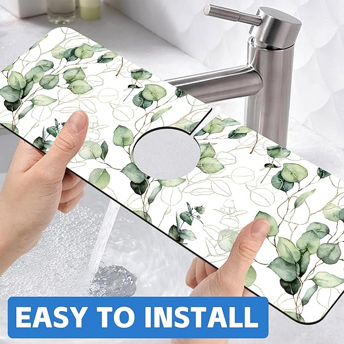 Watercolor Gold Eucalyptus Branch Dish Drying Mat