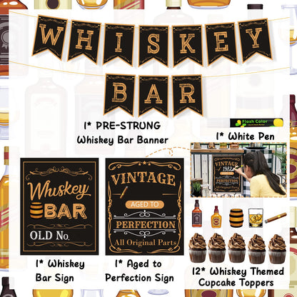 Whiskey Bar Decoration Kit, DIY Whiskey Bar Sign Aged to Perfection Party Sign Cake Toppers for Men 30th 40th 50th Birthday Decorations Aged to Perfection Party Supplies