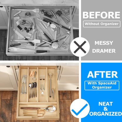 WelFurGeer Solid Birch Wood Silverware Drawer Organizer, Wooden Cutlery Drawer Organizer, Utensil Tray for Kitchen Drawers, Kitchen Utensil Organizer for Silverware, Flatware, Spoons, Forks, Knives