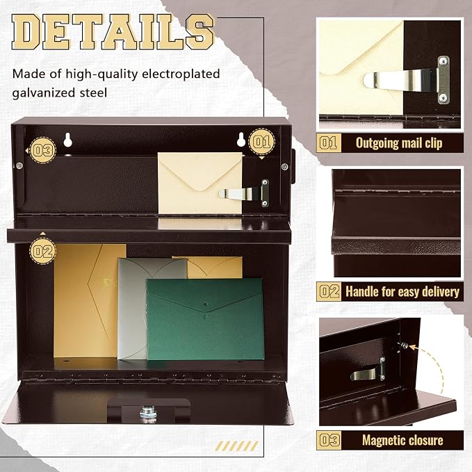 Yaocom Extra Large Wall Mount Mailboxes for Outside 15.35 x 15 x 7 Inches Locking Security Mail Box Galvanized Steel Wall Mailbox Large Capacity Post Box with Key Lock and Reflective Stickers(Brown)