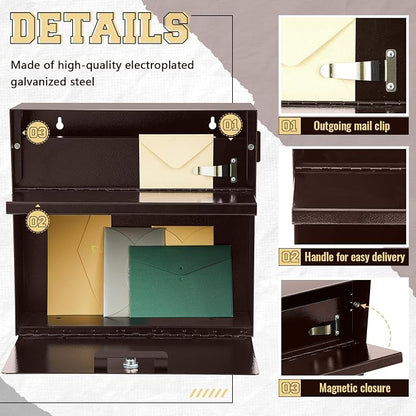 Yaocom Extra Large Wall Mount Mailboxes for Outside 15.35 x 15 x 7 Inches Locking Security Mail Box Galvanized Steel Wall Mailbox Large Capacity Post Box with Key Lock and Reflective Stickers(Brown)