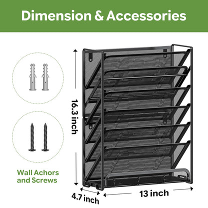 Ekisemio 7-Tier Wall File Organizer, Hanging Mesh File Holder with 4 Hooks, Sturdy Metal File Rack for Desk or Wall, Home Office Storage, Black