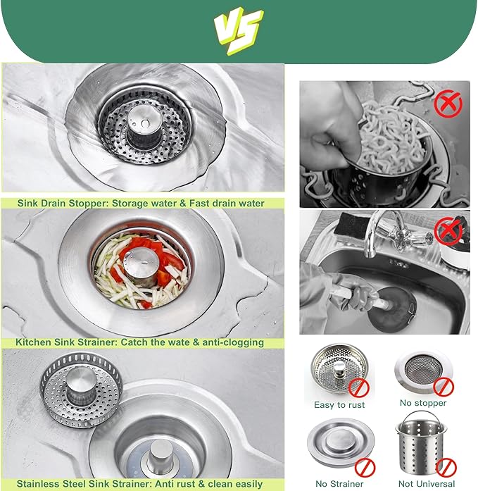 Kitchen Sink Drain Strainer 3 in 1, 304 Stainless Steel Pop Up Sink Stopper