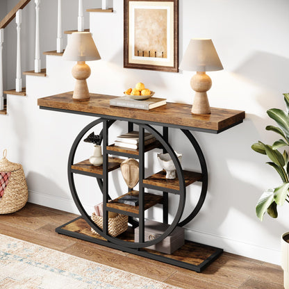 Celaform 41" Console Table for Entryway, 4-Tier Industrial Narrow Wood Sofa Accent Tables with Circle Storage Shelves for Living Room, Hallway, Foyer (Rustic Brown)