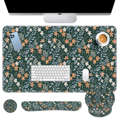 Britimes Green Florals Keyboard Mouse Pad Set Vintage Flower 4in1 Large Mousepad+Keyboard Wrist Rest+Mouse Wrist Rest+Coaster Ergonomic Design for Home Office Computer 35.4x15.7 inches
